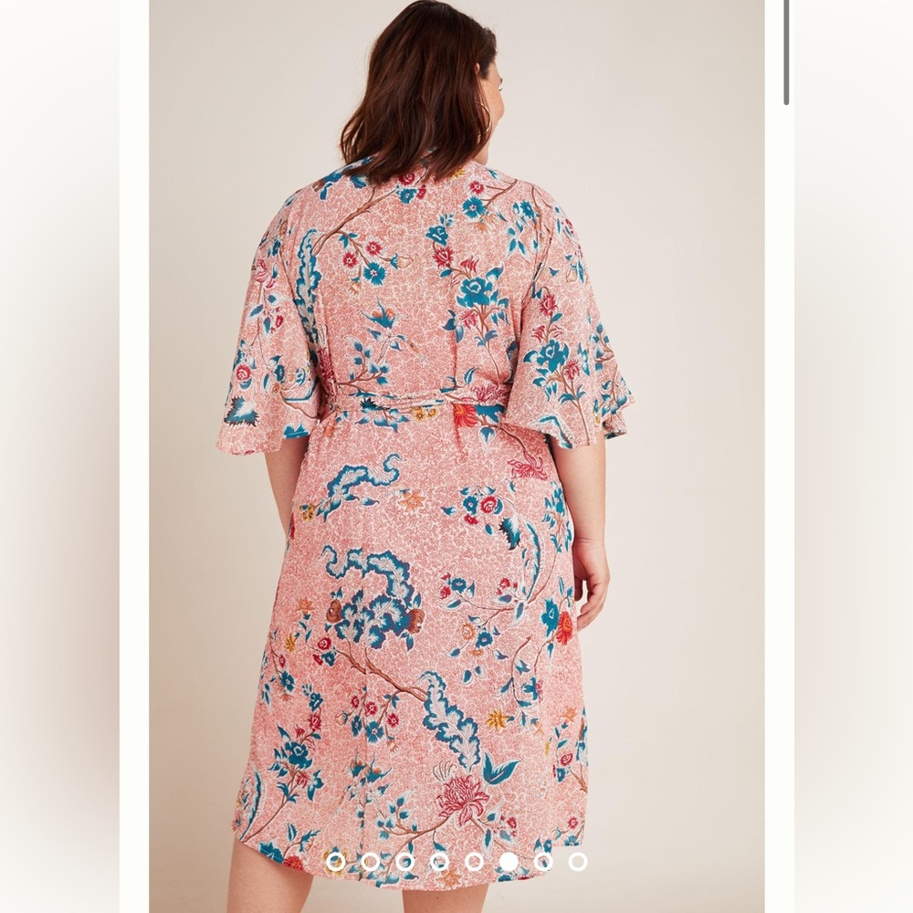 Anthropologie Pink Floral Midi Dress with Teal and Red Accents - Picture 2 of 10